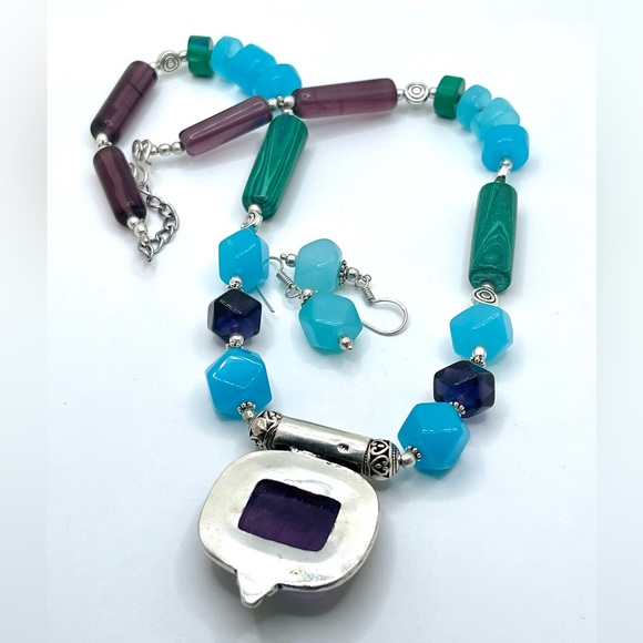 Chalcedony, Malachite, Fluorite Necklace Pendant & Earrings Set - Picture 11 of 13
